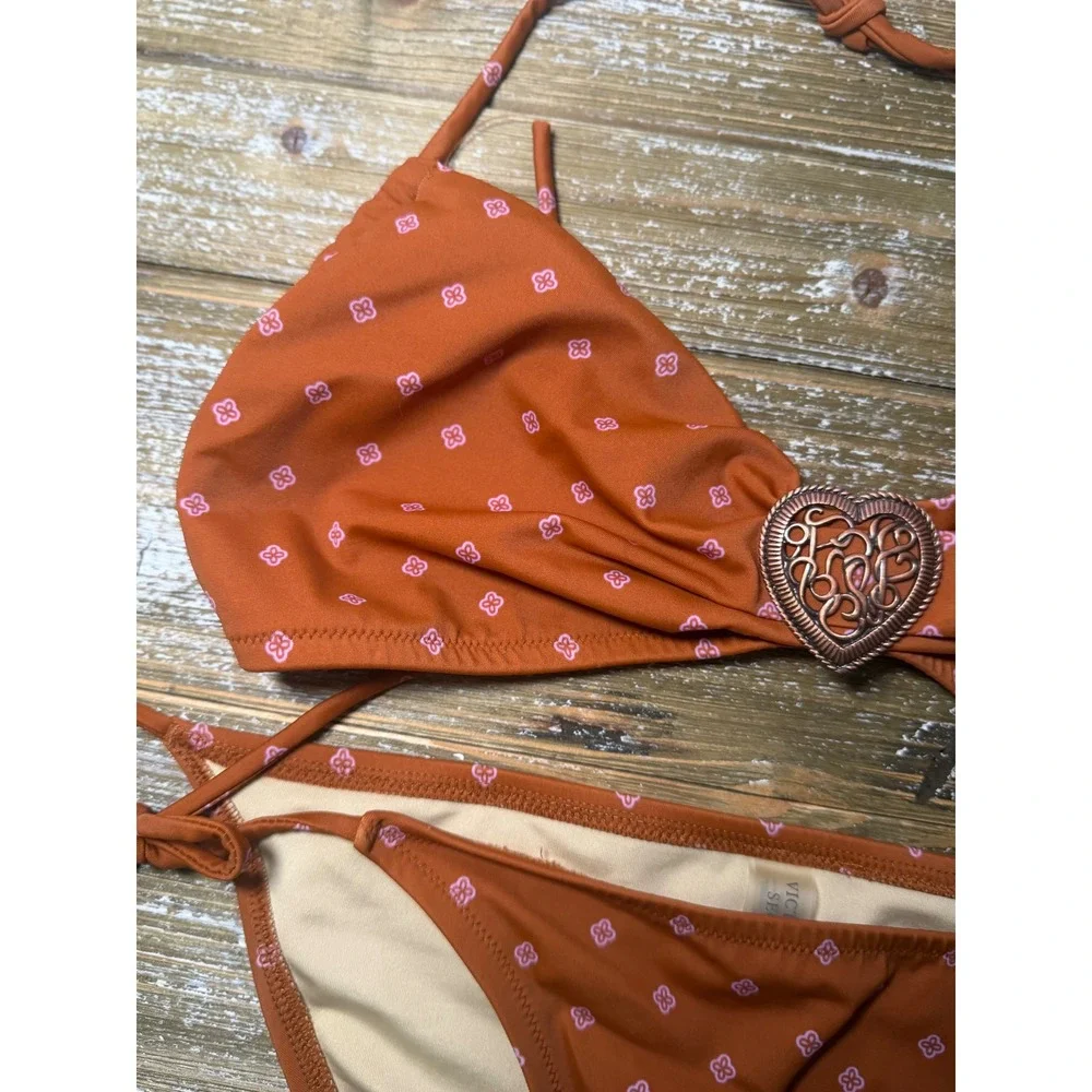Victoria's Secret Bikini Set Y2K Rust Orange Pink Floral Heart Halter Side Tie M